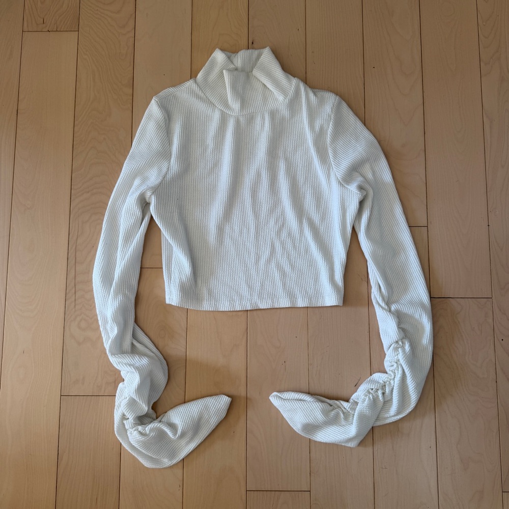 Fashion Nova White Mock Neck Ruched Long Sleeve Crop Top